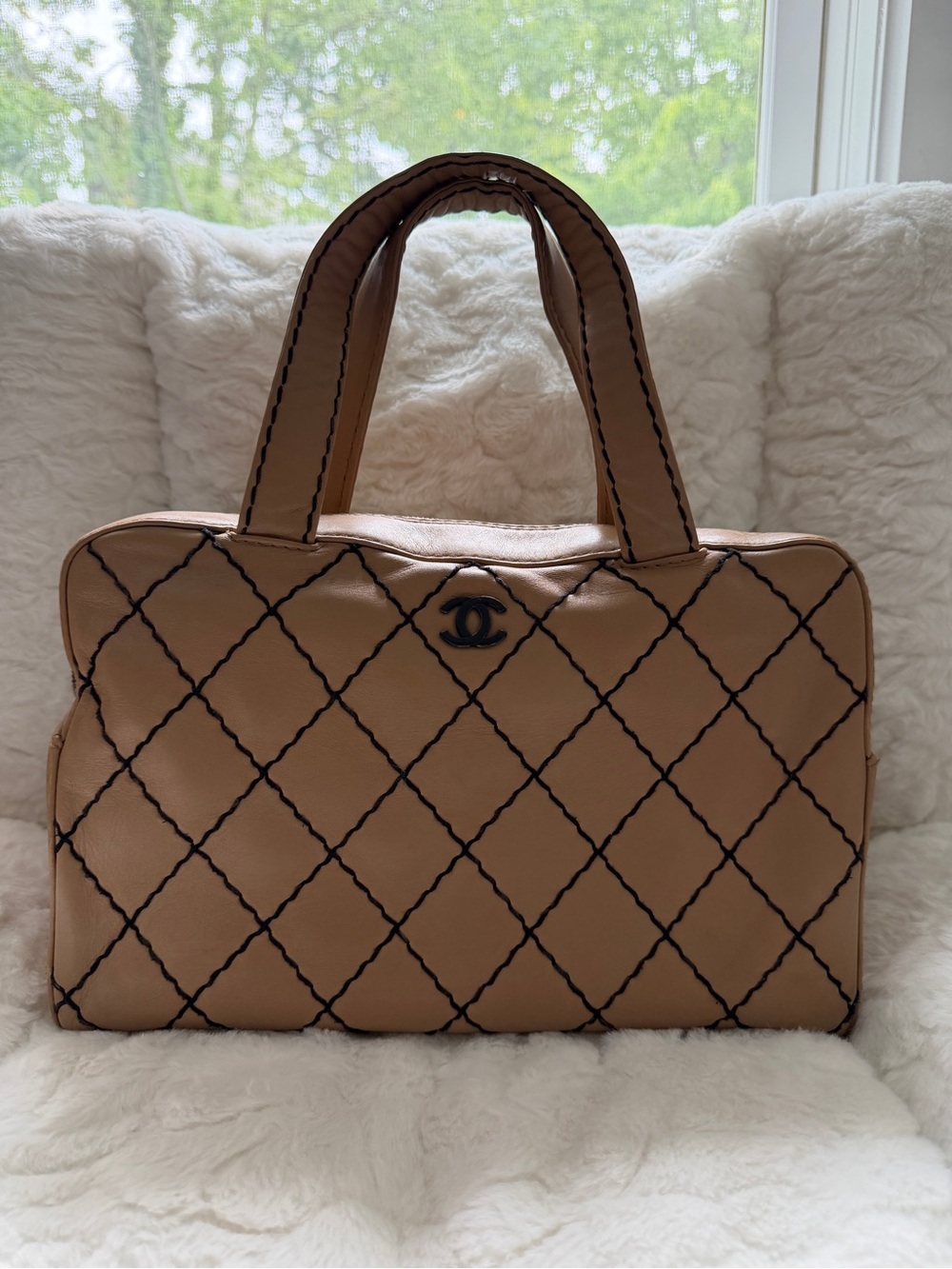 Vintage CHANEL Surpique Tan Wild Stitch Quilted Calfskin Bowler Bag